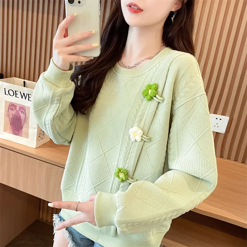 Y2K Spring Autumn Casual Shirt 2024 New Chinoiserie Round Collar Women's Clothes Blouse Solid Color Fashion  Female Pullover Top