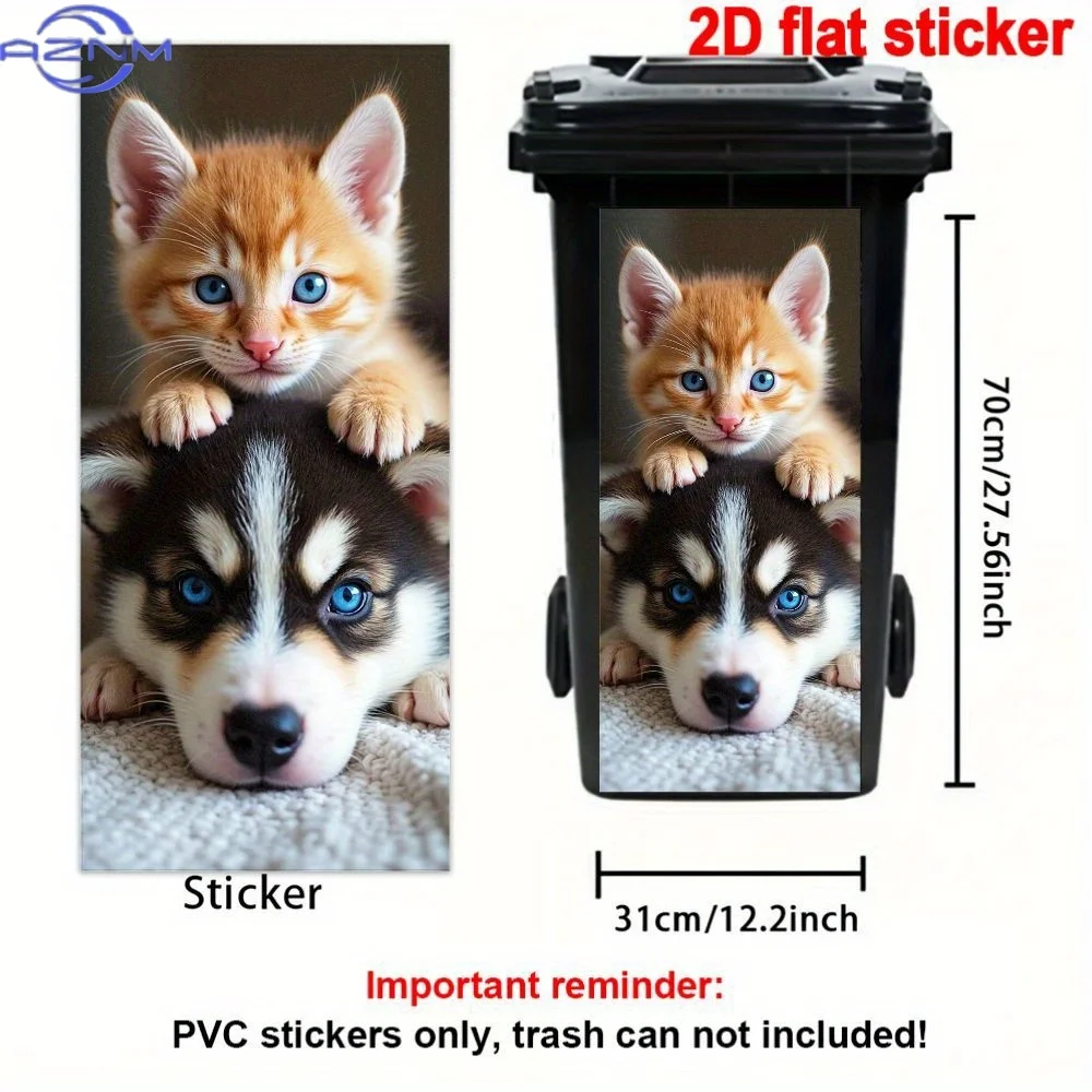 1pc, 2D Flat Sticker, Cute Animal Illustration Trash Can Sticker, Waterproof PVC Sticker, Adorable Pet Pattern, Orange Kitten