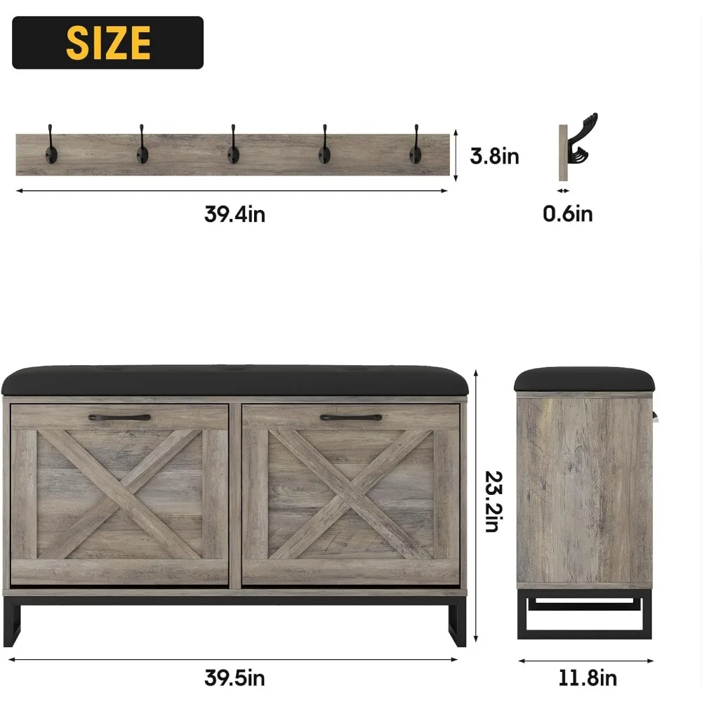 Shoe Cabinet with 2 Flip Drawers & Coat Rack, Shoe Storage Bench with Seat Cushion for Entryway, 5 Large Sturdy Metal