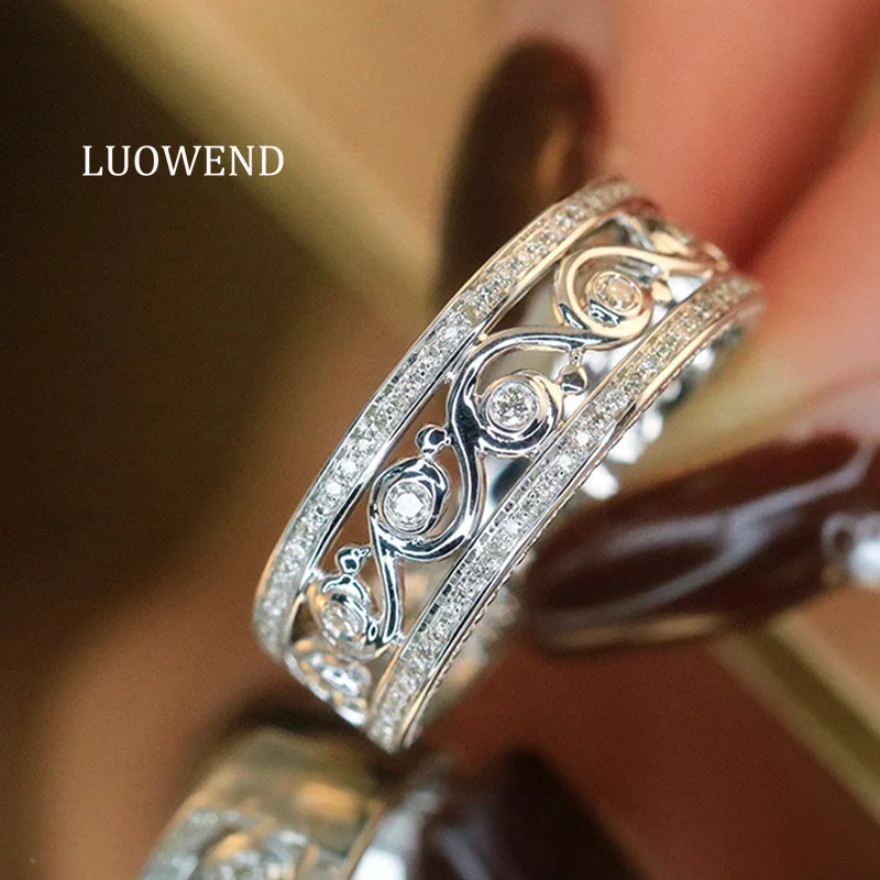 

LUOWEND 100% 18K White Gold Rings Fashion Elegant Design Real Natural Diamond Engagement Ring for Women High Anniversary Gift