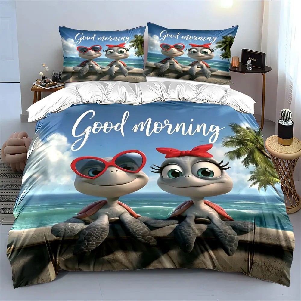 Cheerful cartoon turtles by the seaside Print Bedding set 3PC 1 duvet cover 2 pillowcases adult and children bedding set