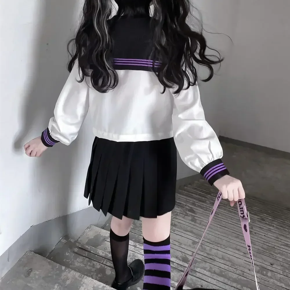 High School Girl Uniform Japanese Seifuku Sailor Suit Purple Tie Korean Student Kawaii JK Uniform Cosplay Black Leated Skirt