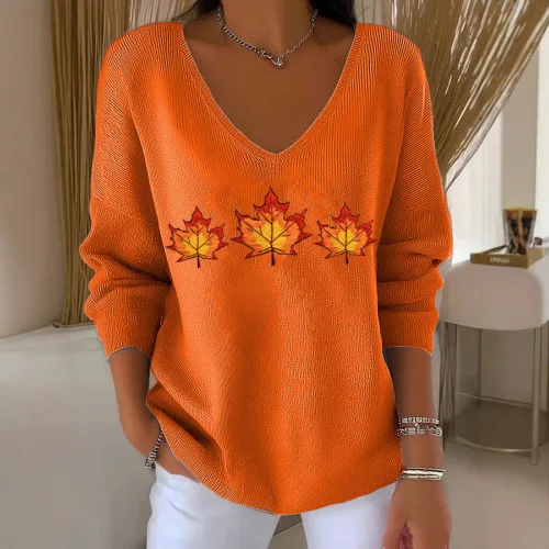 Women Fall Aesthetic 3 Maple Leaves V-Neck Ribbed Loose Pullover Top