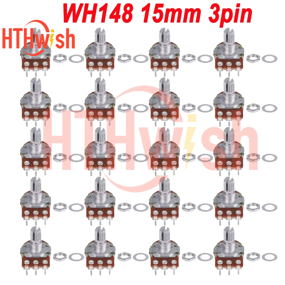 20 قطعة WH148 مقياس الجهد الخطي 15 مللي متر 3pin مع المكسرات والغسالات المقاومة 1K 2K 5K 10K 20K 50K 100K 250K 1M مجموعة قياس الجهد