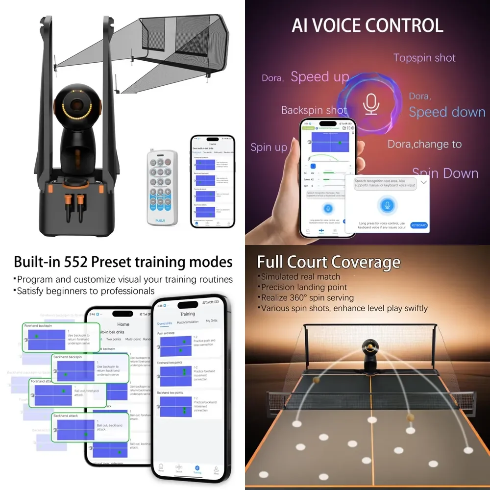 2026 Table Tennis Serving Machine for Dora Pro with Recycling Net AI Voice Control Built-in Preset Training Modes Spin