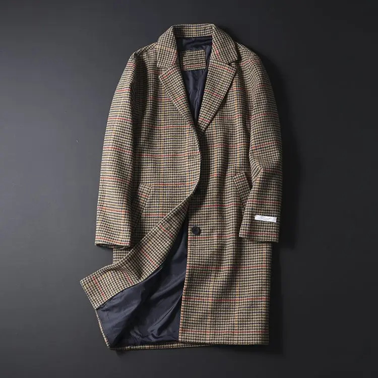 Retro British style! Tone color! Autumn and winter men's clothing medium and long plaid woolen coat woolen coat tide