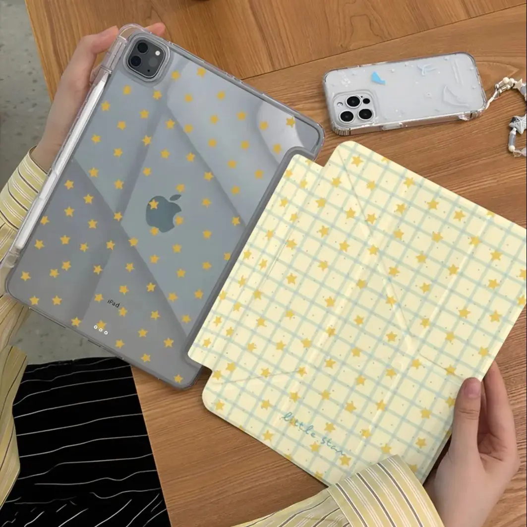 Korean Ins Simple Cartoon Yellow Star Creative Cute For iPad Case iPad 10 9 8 7 Air 5 4 3 2 Pro 11 Mini Y-Fold Tri Fold Cover