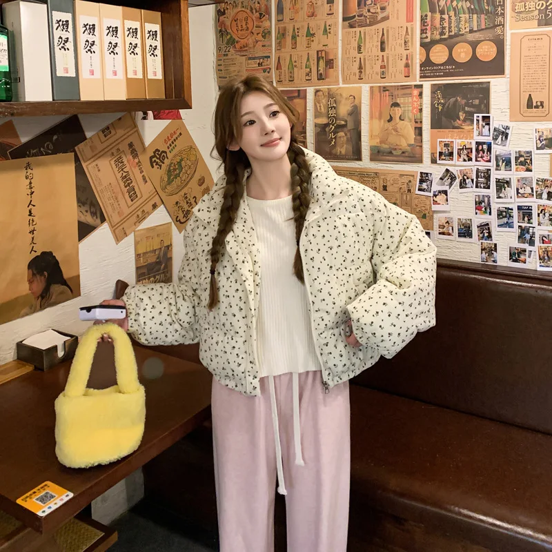 Parkas Coats Women Short Jackets Ditsy Floral Zipper Pocket Stand Collar Long Sleeves Loose Thick Office Lady Casual 2025 Winter
