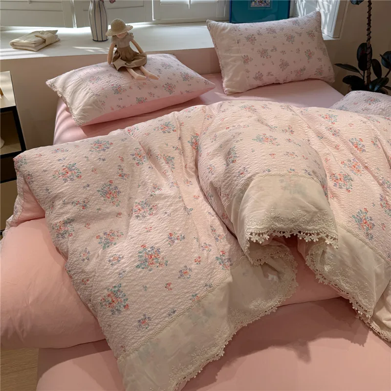 3/4Pcs Korean Princess Style Floral Ruffles Soft Bedding Set Single Queen King Size Duvet Cover Set Bed Sheet Pillowcases