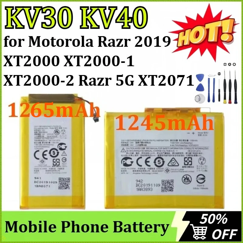 

NEW 1245mAh 1265mAh Mobile Phone Battery KV30 KV40 for Motorola Razr 2019 XT2000 XT2000-1 XT2000-2 for Razr 5G XT20 + Tools