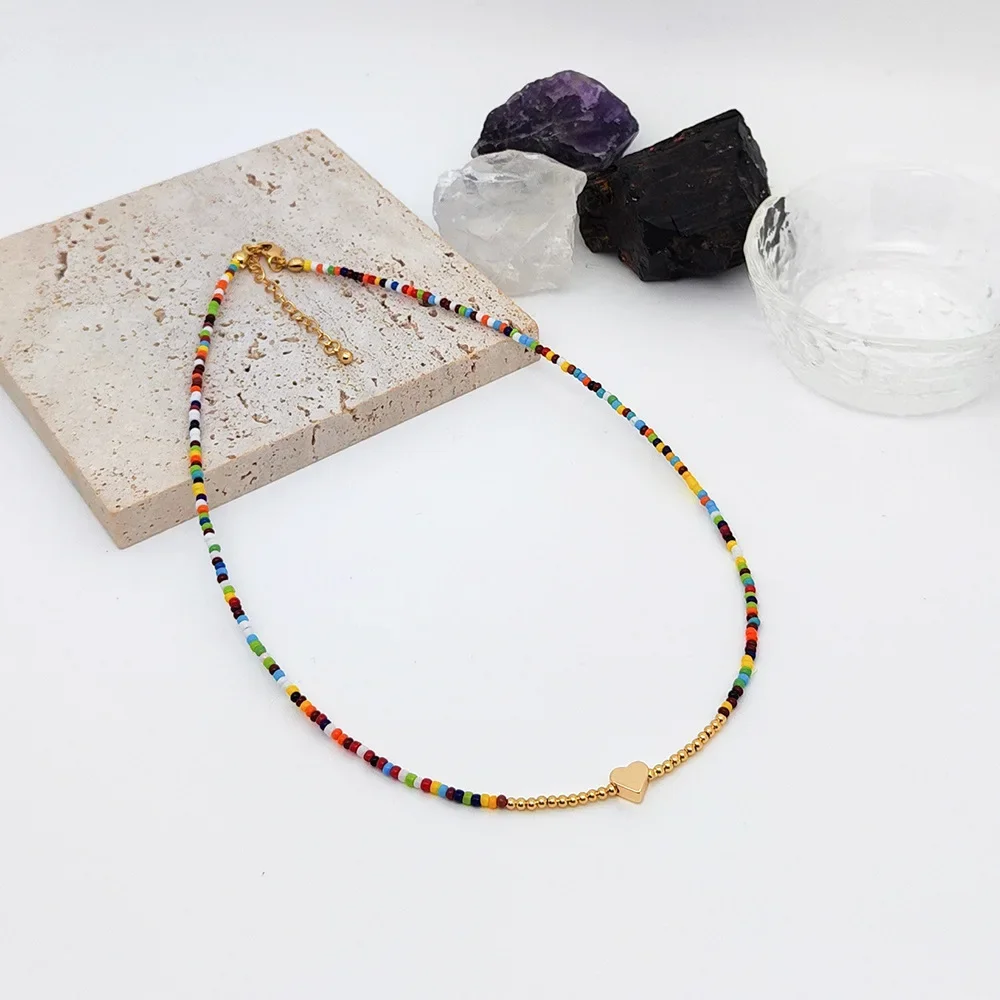 Beaded necklace Creativity Pendant Gradient color Bohemia heart Hand weaving Adjustable Female Trend Simple Rice bead necklace