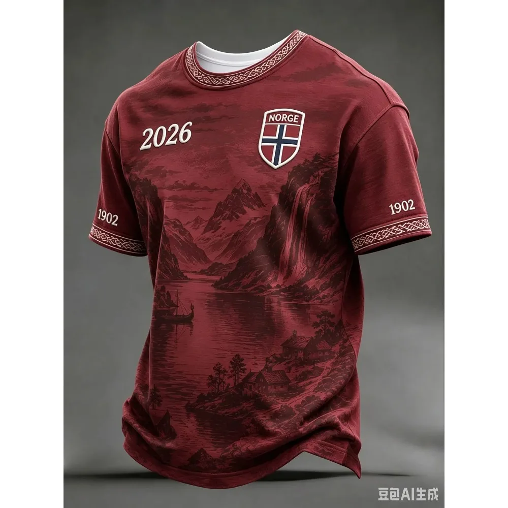 Flat Printing Norge 2026 Soccer Jersey Vintage Norway Fjord Landscape Print 1902 Short Sleeve Fan Sports Casual Uniform Top