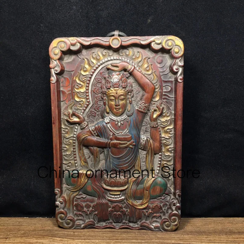 

21cm Boutique Red Sandalwood Red Sandalwood Thangka Embossed Tibetan Buddha Hanging Screen Four Arm Guanyin Thangka