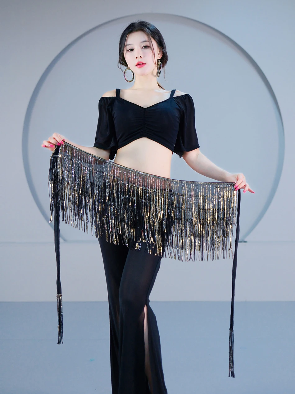 Хип-шарф для танца живота, пояс с кисточками и блестками, пояс-цепочка для женщин, 4 слоя, 225 см, реквизит для выступлений на сцене, аксессуары, наряд