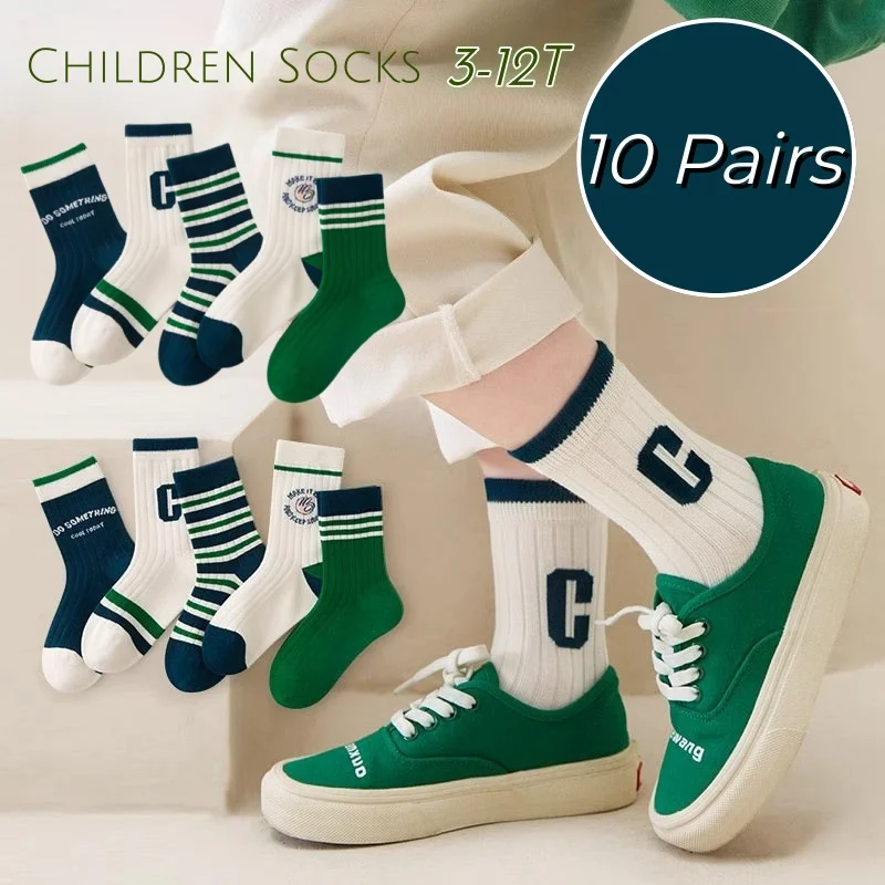 10 Pairs Kids Retro Letter Striped Crew Socks Cotton Breathable Mid Calf Socks Boys Girls 3-12T School Daily Children Socks