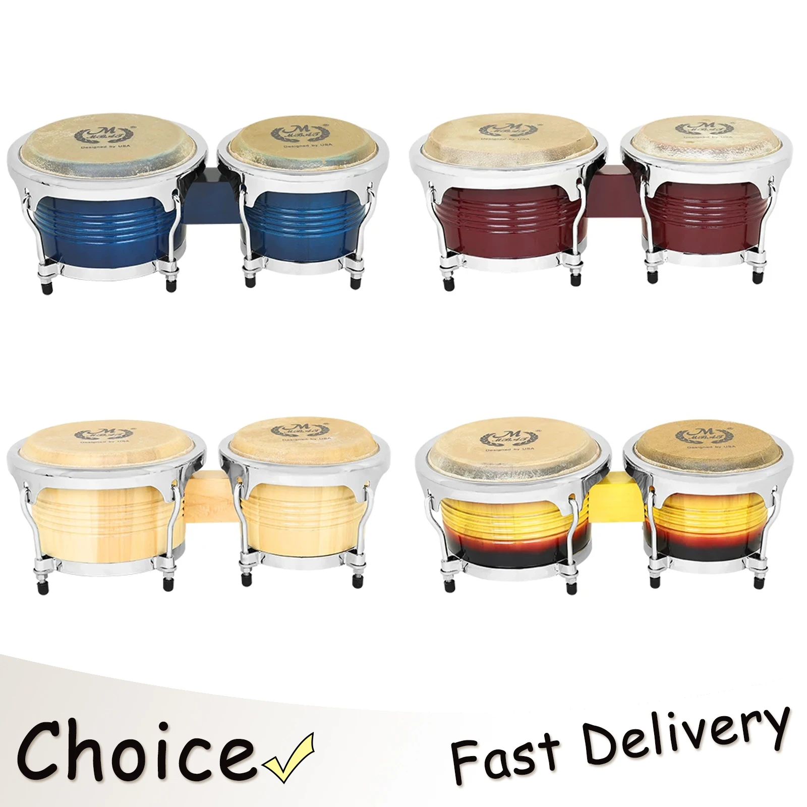 

M MBAT 7 + 9 дюймов Bongo Drum Дуб + Алюминиевый сплав + Кожа буйвола Водный барабан из кожи буйвола Безопасные ударные инструменты Барабаны