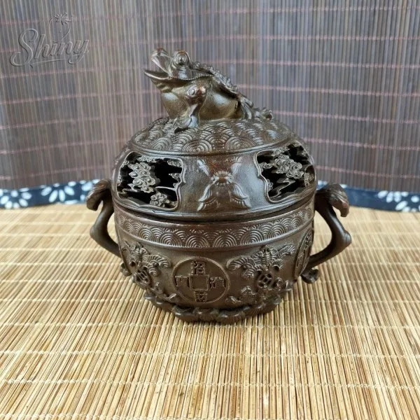 

Antique Ruyi Golden Toad Treasure Basin Incense Burner Study Desk Tea Table Ornament Home Feng Shui Decorative Item