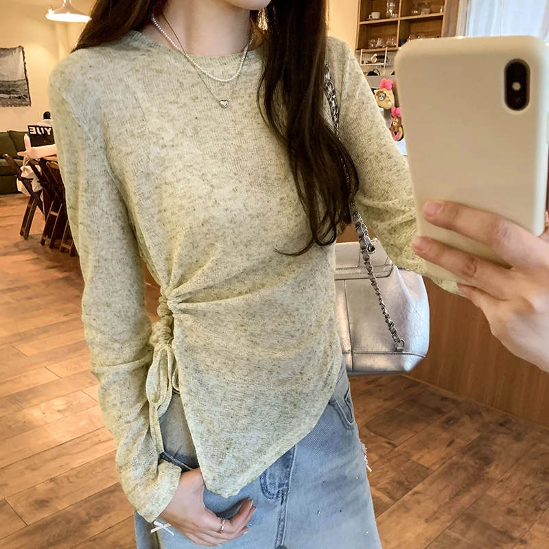 

Blouse Women Spring 2024 New Office Lady Korea Style Long Sleeve Solid Knitted Pink Black Blusas Womens Tops And Blouses