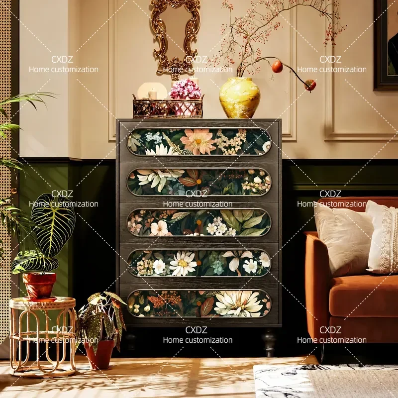 Medieval Flower Field Lacquer Painting Solid Wood Chest of Drawers Living Room Entrance Storage Cabinet Bedroom Decorative