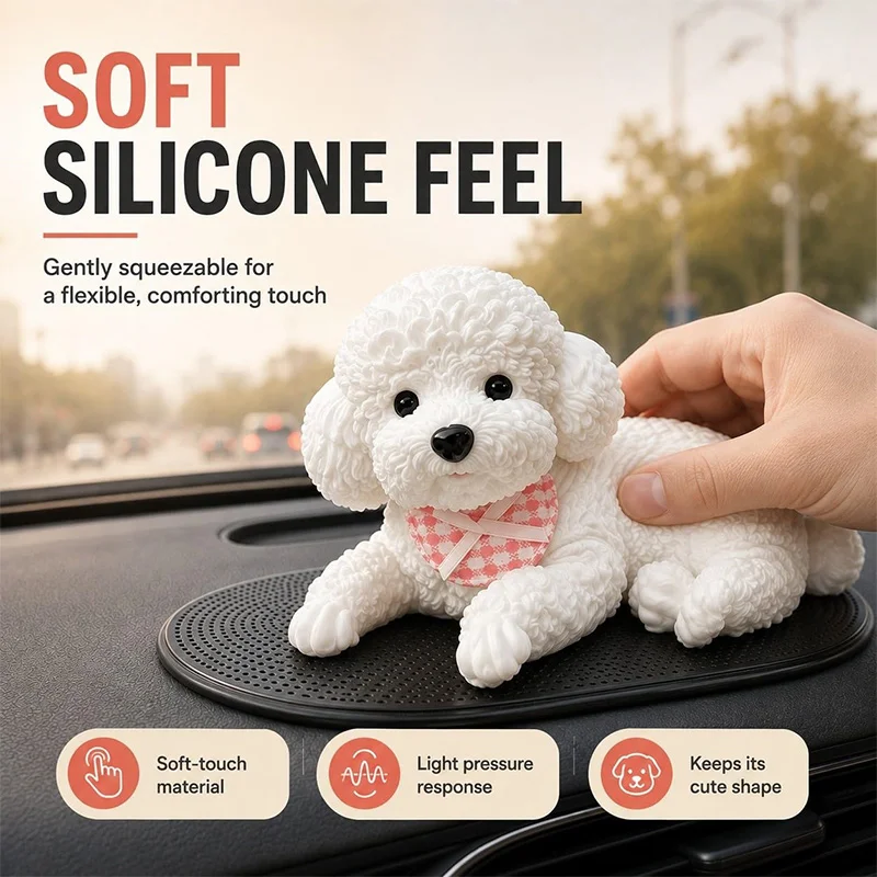 Décoration de tableau de bord de voiture en silicone antidérapant, figurine réaliste de chiot Teddy, ornement de chien mignon et dynamique pour l'intérieur de la voiture