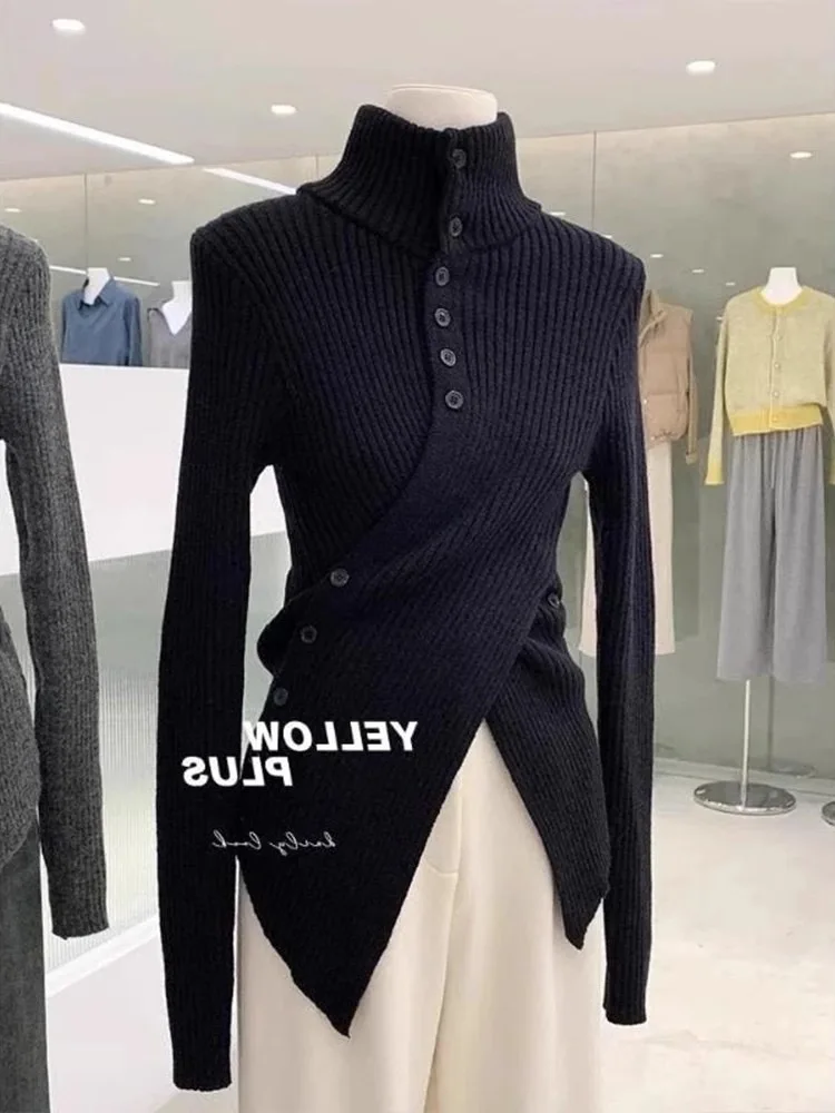 Autumn Winter Women Black Elegant Slim Short Knit Tops Fashion Grey Long Sleeve High Neck Irregular Cardigan Sweater Casual Chic