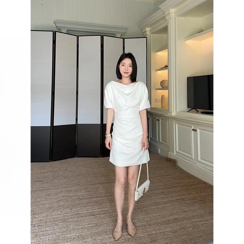 

Slimming Effect Light Dr Collarl Gored Waist Cinched Casual Sle Polyester Fiber High Waist round Ne ort Sve