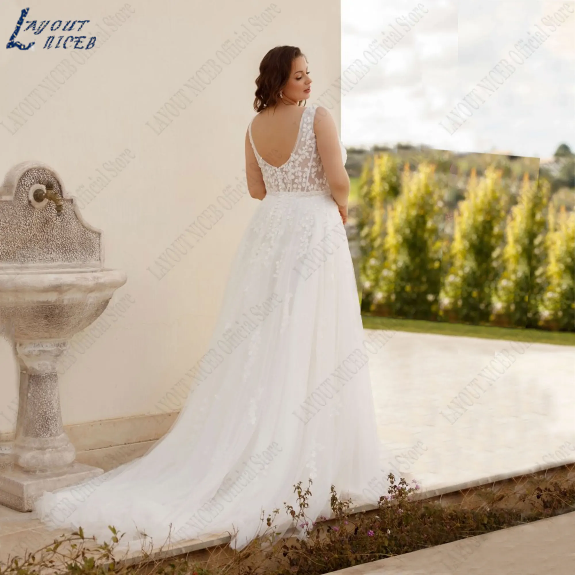 LAYOUT NICEB Appliques scollo a v abiti da sposa senza maniche Plus Size a-line abito da sposa bottoni in Tulle senza schienale robes de mariée 2024LAYOUT NICEB Appliques V-Neck senza maniche Abiti da sposa Plus Size A