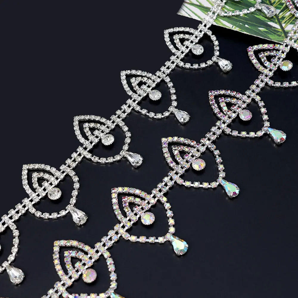 

Fashionable Teardrop Crystal Chain 1 Yard Rhinestone Trim Crystal Metal Chain Welded Ribbon For Gown & Bridal Waist Accessories
