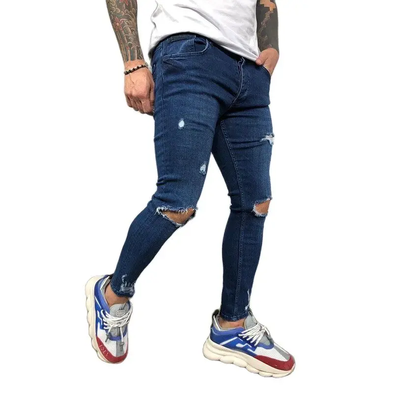 Men Casual Fashion ​Ripped Jeans New Arrivals Street Style Elastic Pure Color Man's Pencil Pants Hip Hop Male Blue Denim Pants