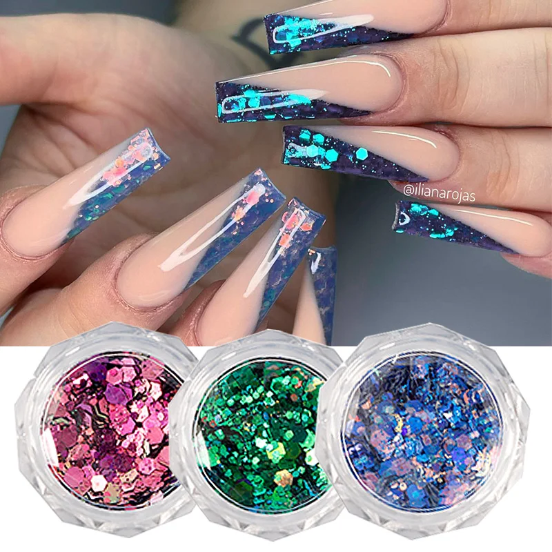 Nagel Glitter Pailletten Nail Art Chrom Pulver funkelnd glänzend gemischte Form Sechseck Flocken Dekor für Acryl Nägel Werkzeug