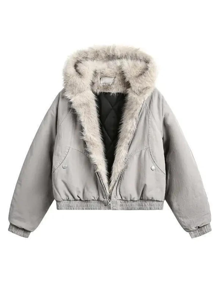 Kurtka damska Y2K w stylu American Vintage z długim rękawem, krótkim kapturem, kołnierzem ze sztucznego futra, casualowa, jednolita, zapinana na zamek, streetwear, jesień 2025