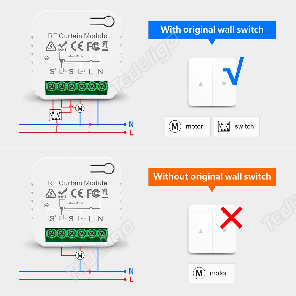 433MHz Wireless Curtain Switch Remote Control System AC 220V 10A rf Relay Receiver and Transmitter for Curtains/Motors/Blinds