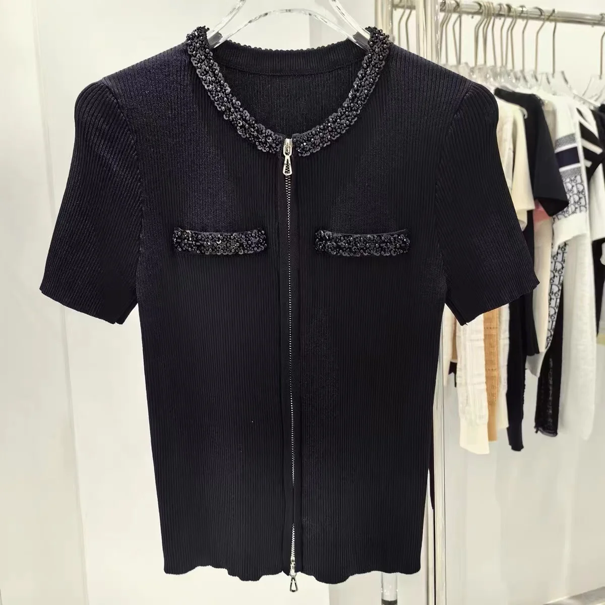 Summer Sequins Zip-up Sweater Tops Women Slim Knit Short Sleeve O-neck Cardigan Knitwear Stylish Chic Elegant Ladies Jumpers