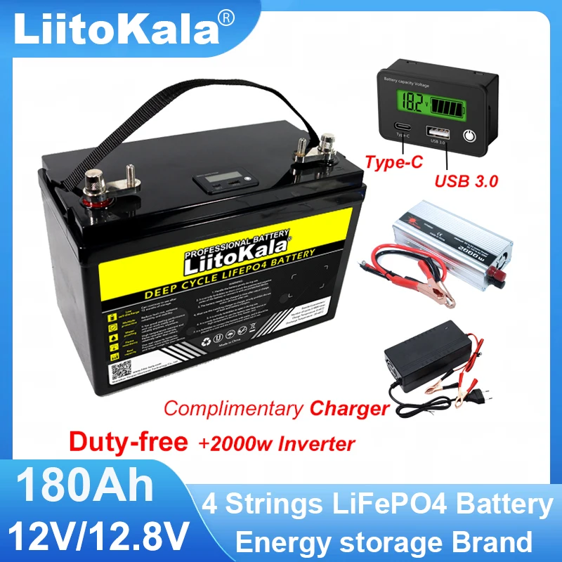 New LiitoKala 12.8V 180AH LCD LiFePO4 Battery pack 12V 4 Strings Lithium Batteries for Inverter Touring Car Solar 14.6v Charger