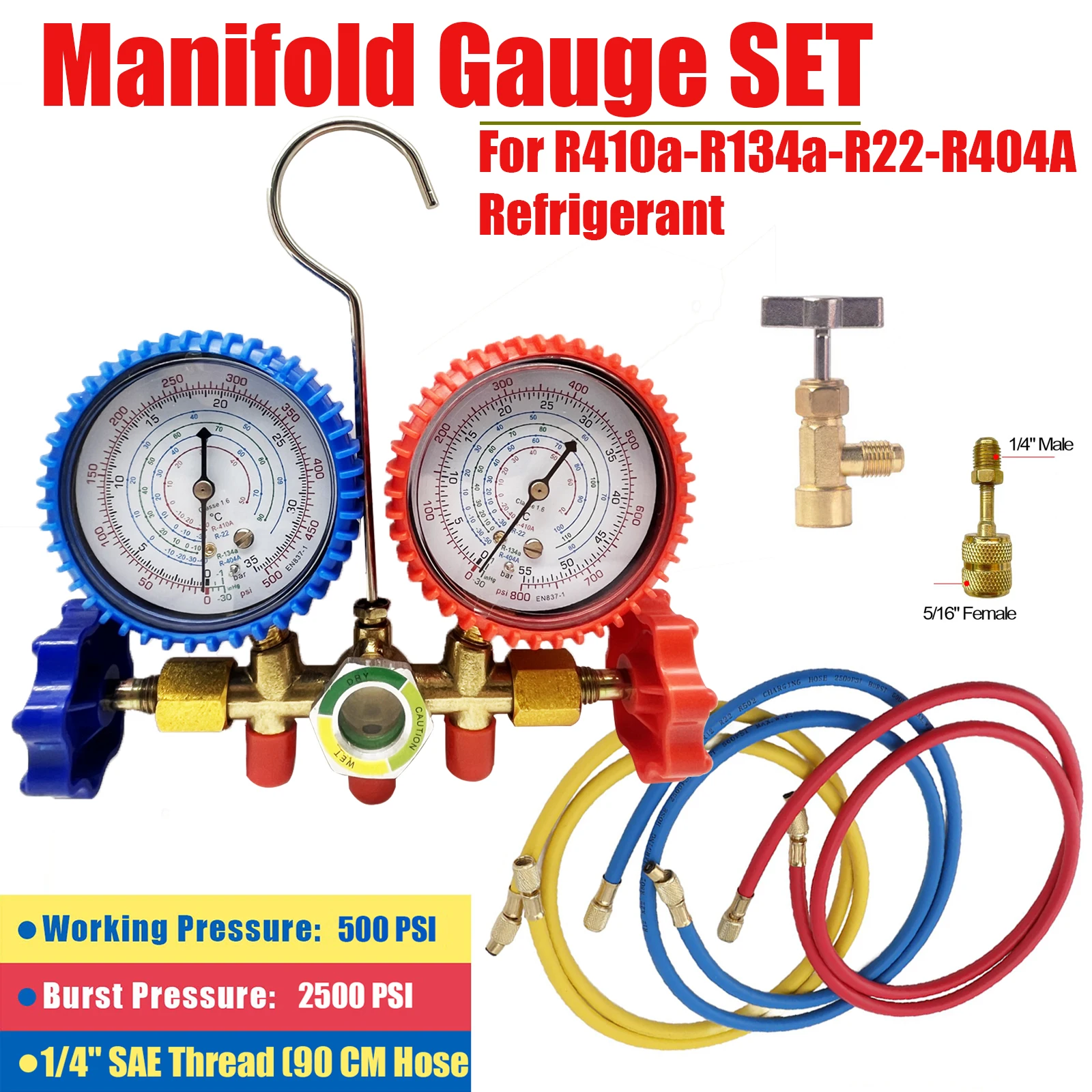 For R410A R22 R404A R134A Refrigerant Manifold Gauge Air Condition Refrigeration Set Air Conditioning Tools With Hose And Hook