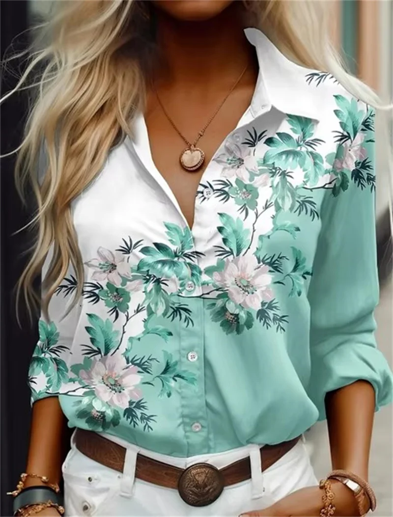 Fashion Women\'s Shirts Casual Blouses Blue Flowers Print Shirt 2024 New Autumn Large Size Female Clothing Temperament Blouse Top