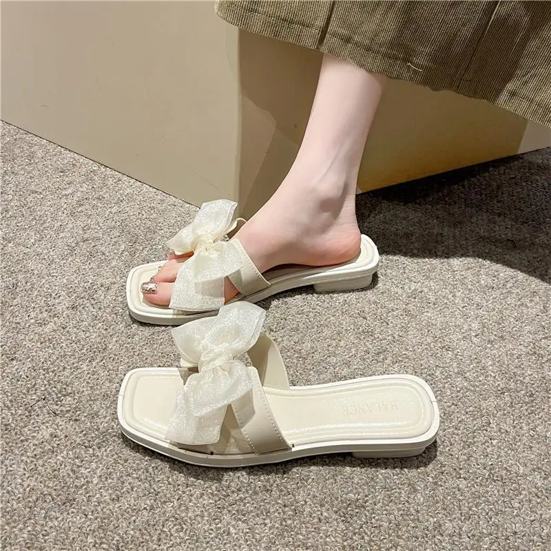 2024 new Korean version of bow slippers thick lace cool slippers women's summer wear versatile non-slip deodorant sandals