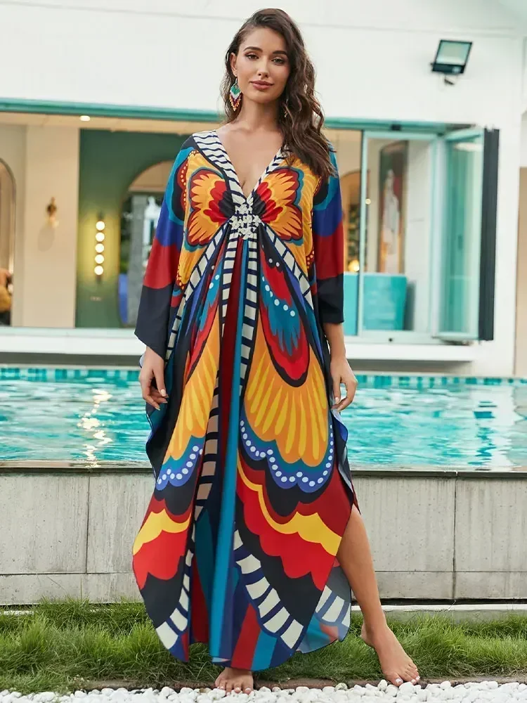 Bohemian Print V-Hals Batwing Mouwen Dames Strandjurk Plus Maat Kaftan Zomer Strandkleding Badpak Cover Up Gewaad Q1588