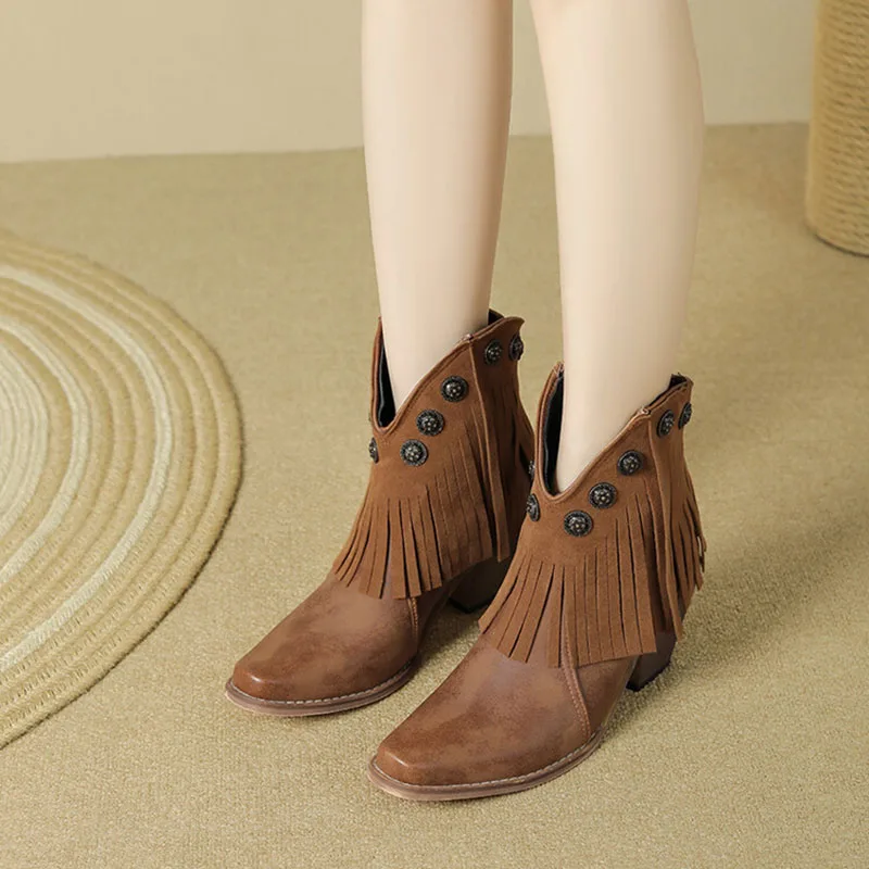 Phoentin short western boots for women 2024 autumn fringe shoes wedges square toe slip on retro medium heels brown color FT3718