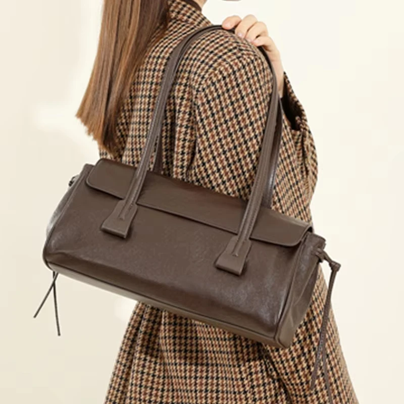 

2026 New Genuine Leather Shoulder Bag for Women Large Capacity Cow Leather Luxury Long Band Red Wine Baguette Handbag Woman