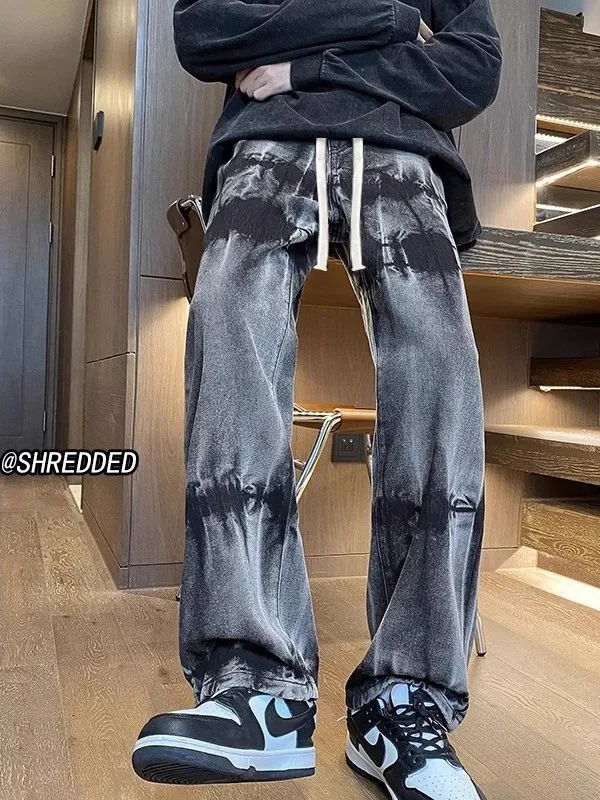 

Retro American Waist Tied Dye Jeans Men Summer New Loose Straight Hipster High Street Wide Leg Long Pants Casual Jeans