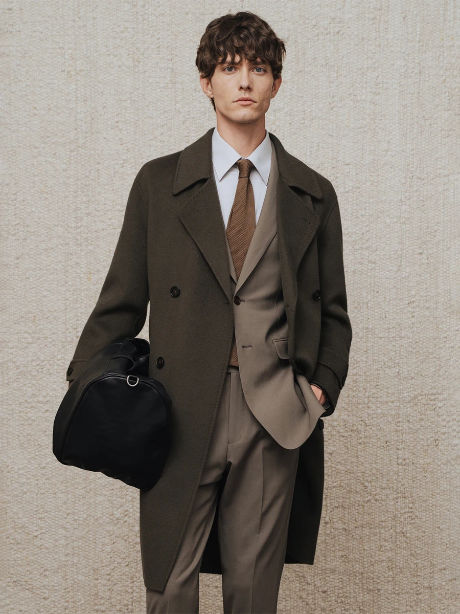 معطف كشمير 95% من الصوف 5% للرجال معطف شتوي مزدوج الصدر مع طية صدر السترة متوسطة الطول من مزيج الصوف الثقيل للأعمال