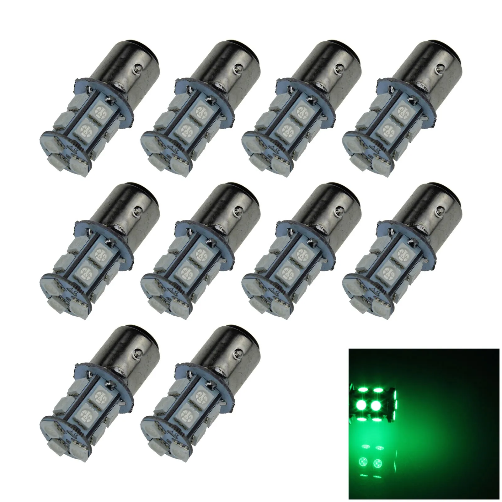 10x Green AUTO 1157 Brake Lamp Turn Signal Light 13 Emitters 5050 SMD LED 1016 1034 E003-G