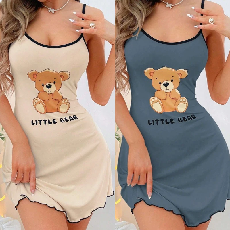 

Women's Suspender Skirt Ladies Dress Comfortable Pajamas Leisure Sleepwear Sexy Letters Bear Printed One-Piece-Dress Homewear