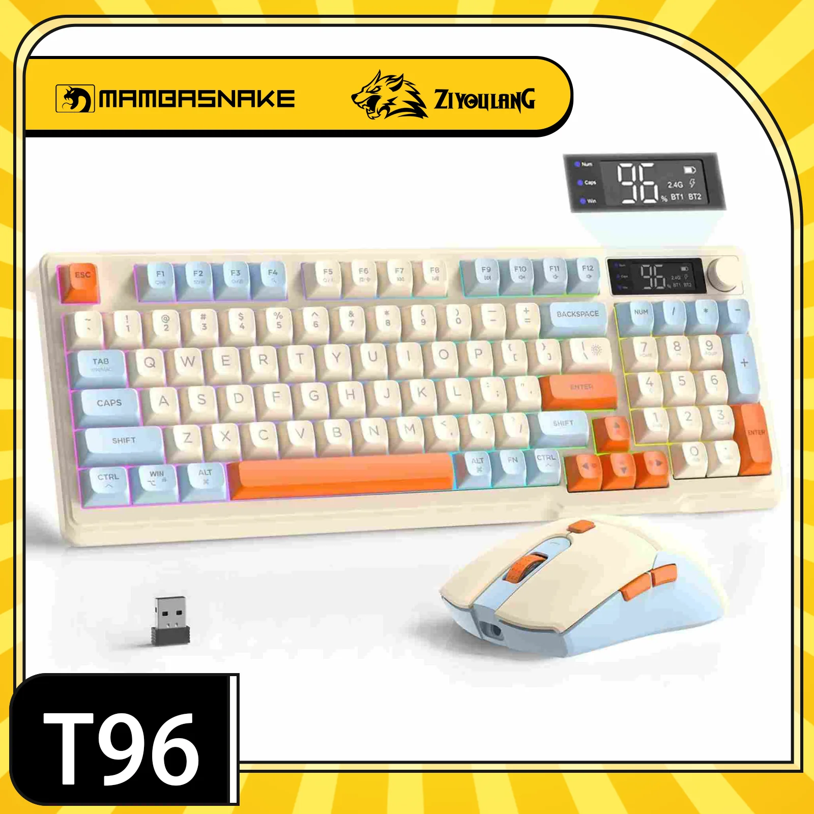 

MAMBASNAKE x FREEWOLF T96 Wireless Membrane Keyboard and Mouse Combo, BT & 2.4G Modes, PBT Keycaps, Media Knob, Display Screen