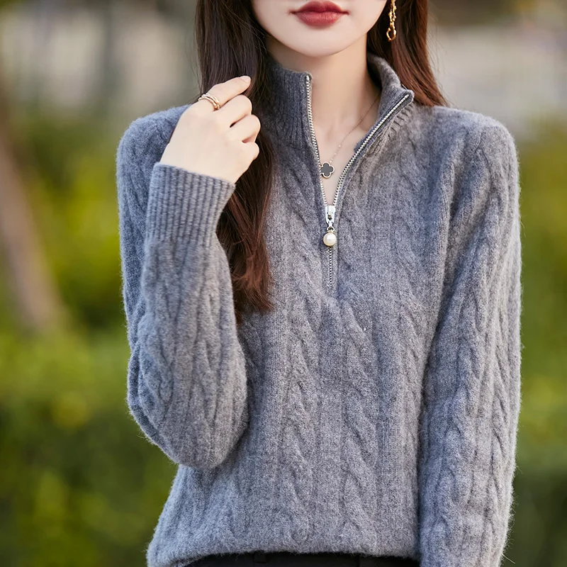 Autumn/Winter New 100% Wool Sweater Thickened Women's Casual Solid Knit Tops Loose Half High Neck Blouse Fashion Zipper Pullover