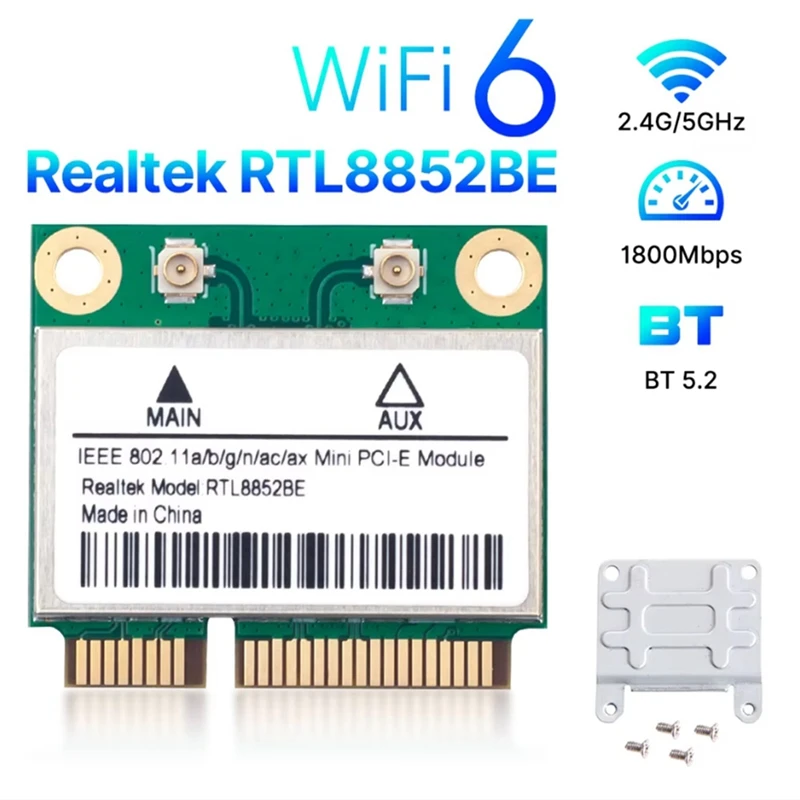 RTL8852BE WiFi 6 Network Card with 10DBI Antennas 1800Mbps Dual Band 2.4G/5GHz BT 5.2 MiniPCIe Interface for Win 10 11-A63M view 3