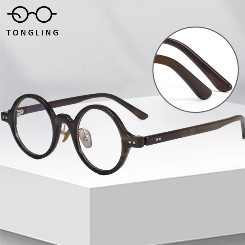 Custom full-frame retro round all-natural buffalo horn glasses frames can be equipped with prescription lenses to carve the LOGO