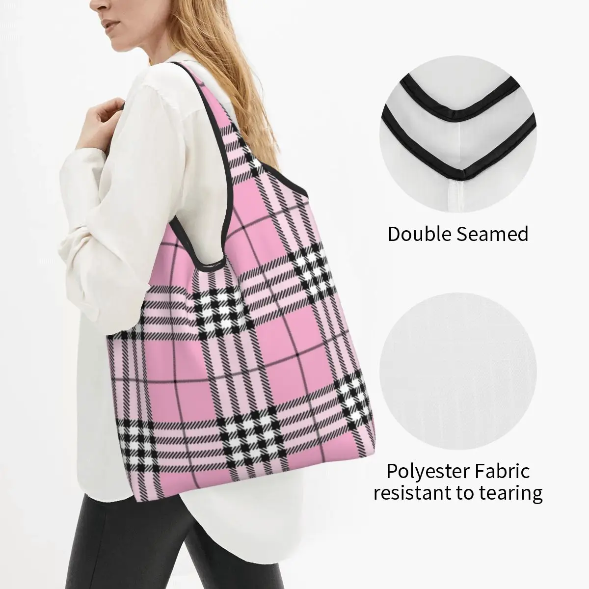 Custom Classic Scottish Tartan Plaid Shopping Bags Women Portable Big Capacity Grocery Geometric Gingham Check Tote Shopper Bags