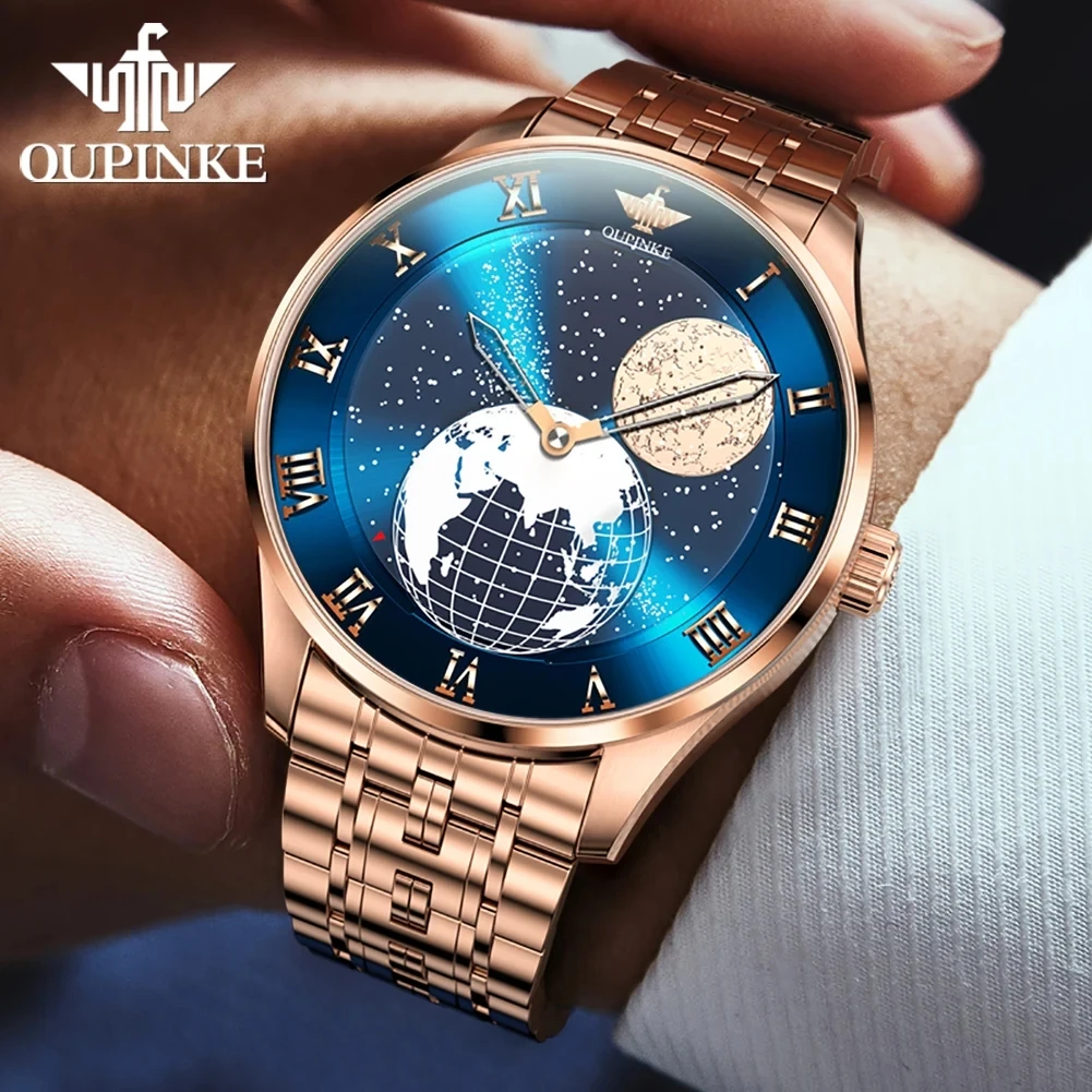 OUPINKE 3230 New Luxury Automatic Watch for Men CITIZEN Movement Mechanical Wristwatch 3D Earth Starry Sky Dial Moon Phase Watch